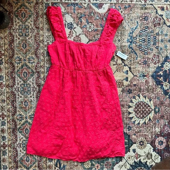 Old Navy Red pink vibrant milkmaid  Mini Sundress, size M, NWT - Picture 2 of 6